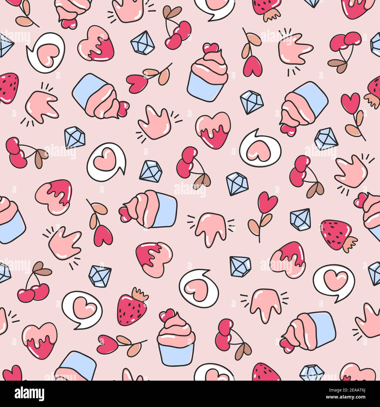Seamless doodle love pattern.Vector illustration. Valentines Day. Hearts, cupcakes, sweets, love and berries. Pastel pink, blue and beige background. Stock Vector