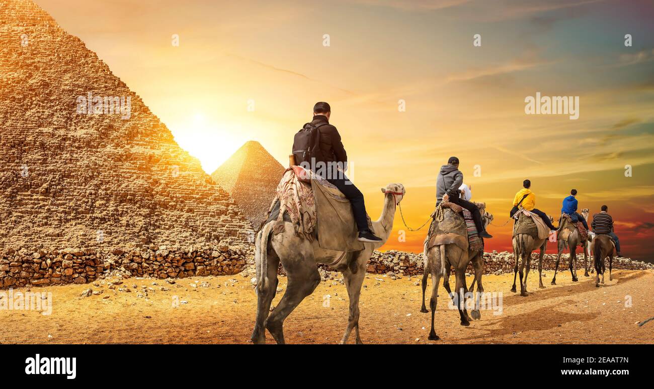 Camel Caravan and the Pyramids of Giza in Egypt Stock Photo - Alamy