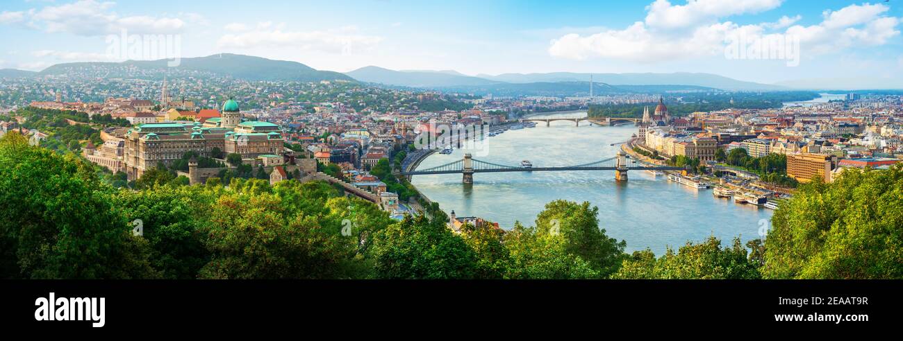 Panoramic view from above on landmarks of Budapest at summer sunset, Hungary Stock Photo