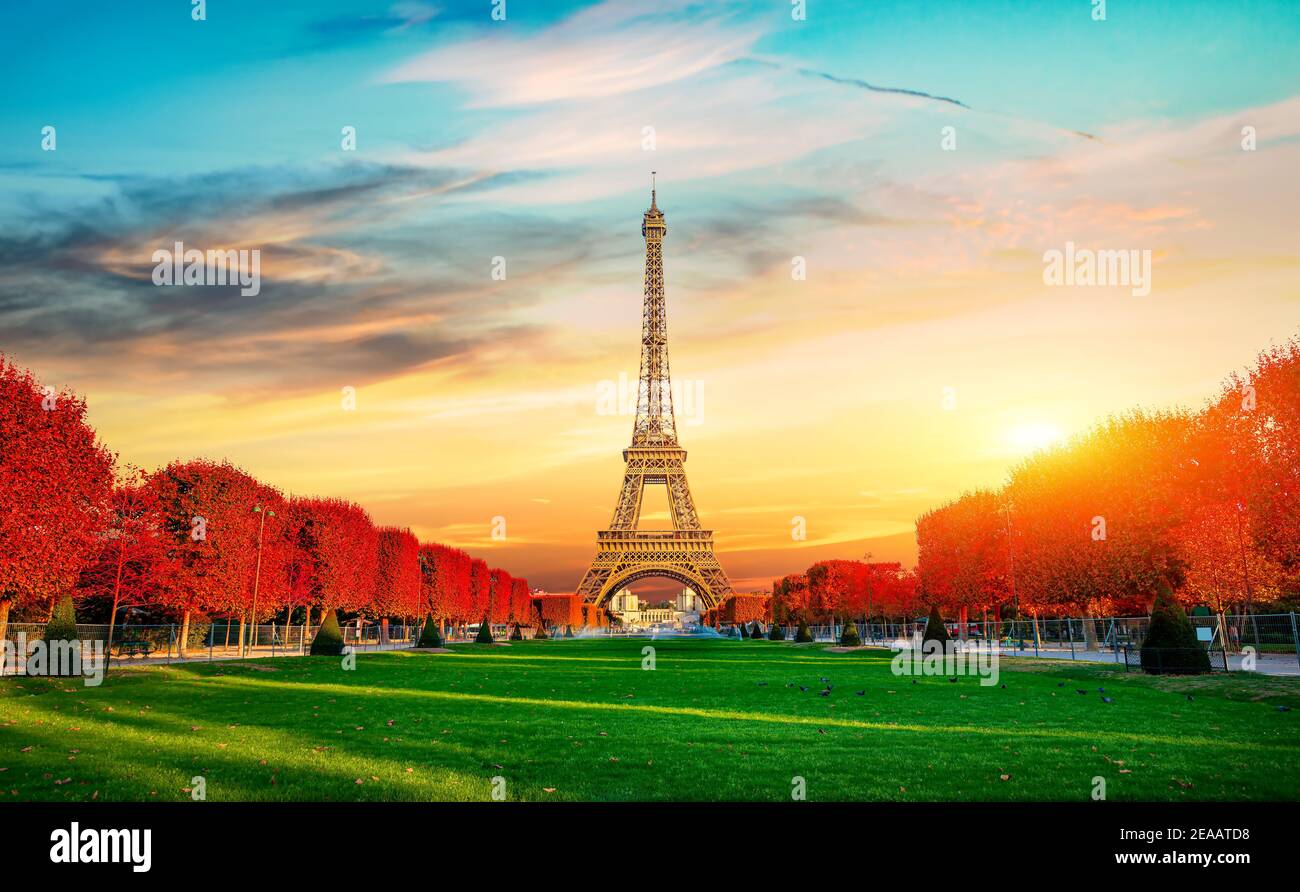 Autumn at Champs de Mars with the view on Eiffel Tower in Paris, France Stock Photo