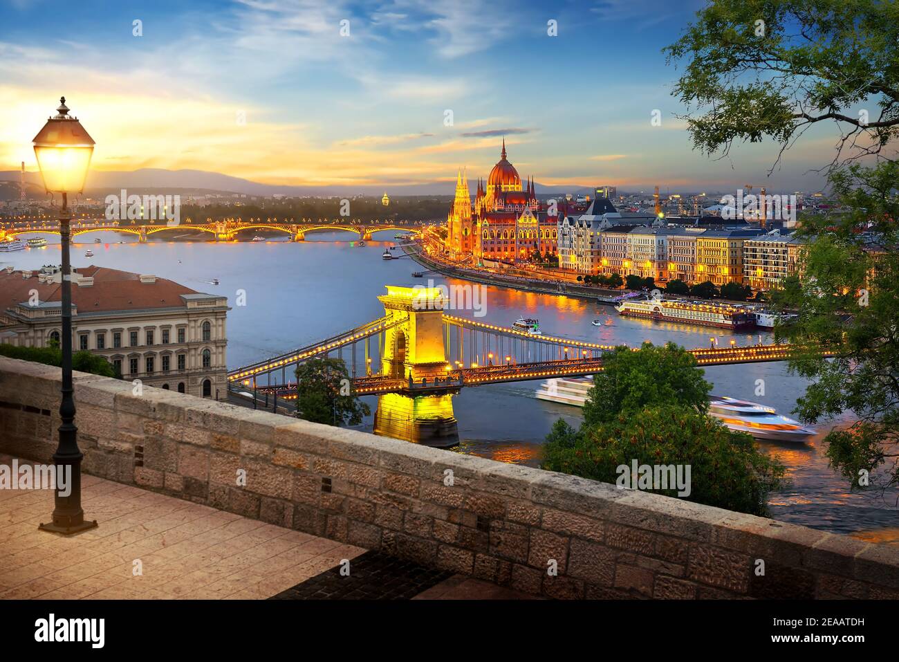 View on landmarks of Budapest at sunset, Hungary Stock Photo
