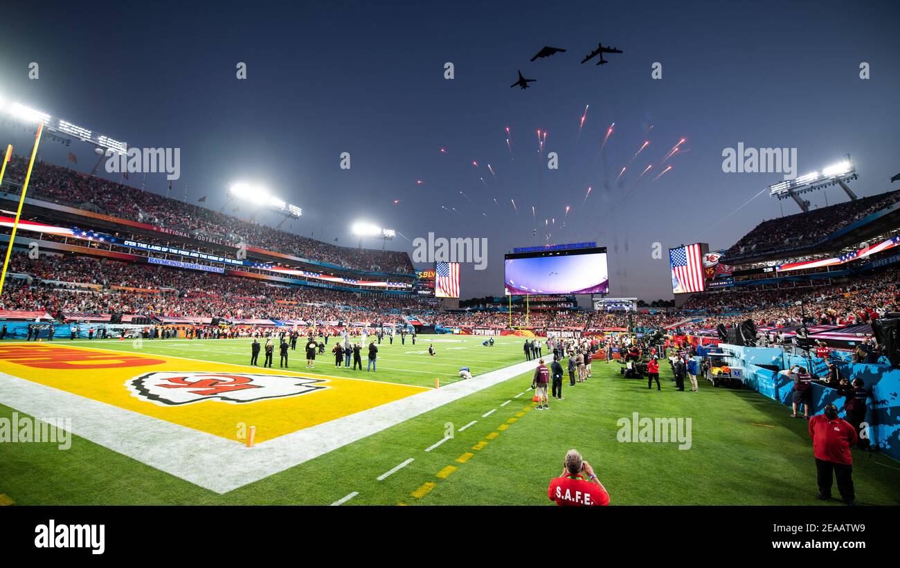 Tampa, United States. 07th Feb, 2021. U.S. Air Force Global Strike Command bombers perform a flyover during Super Bowl LV at Raymond James Stadium February 7, 2021 in Tampa, Florida. Credit: Planetpix/Alamy Live News Stock Photo