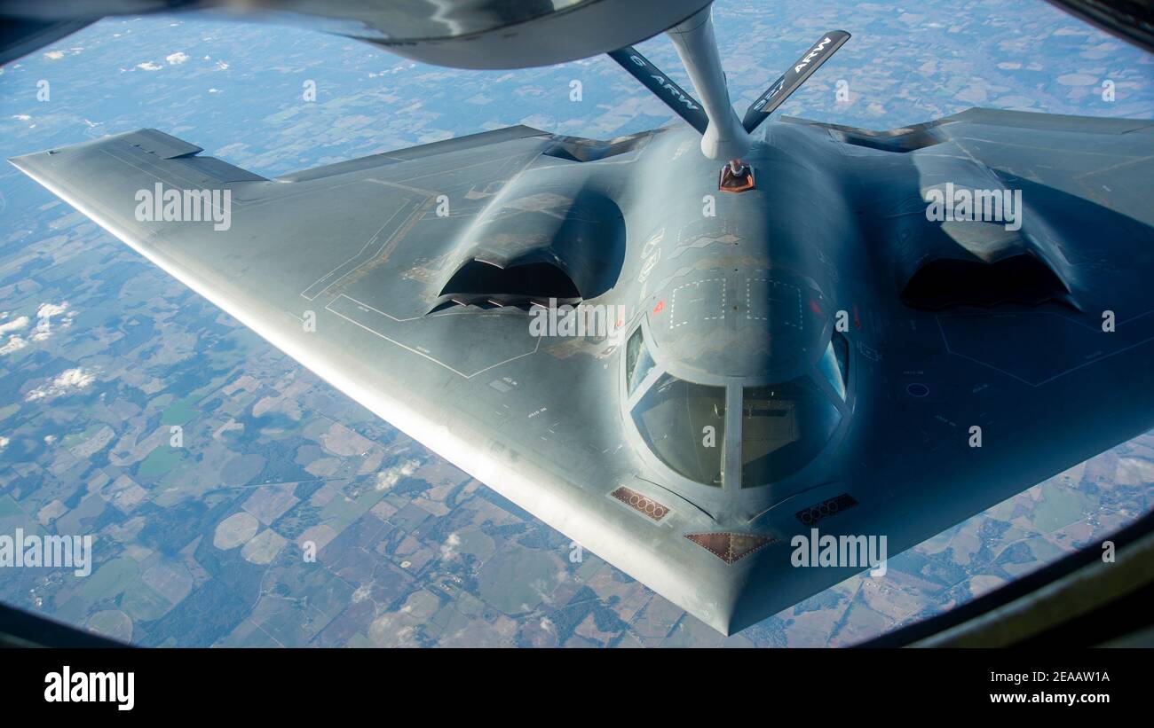 Tampa, United States. 07th Feb, 2021. A U.S. Air Force B-2 Spirit stealth strategic bomber refuels above the Gulf of Mexico in preparation for the Super Bowl flyover February 7, 2021 near Tampa, Florida. The B-2 Spirit will fly in formation with other bombers from the Global Strike Command for a Super Bowl LV Air Force Flyover half-time show. Credit: Planetpix/Alamy Live News Stock Photo