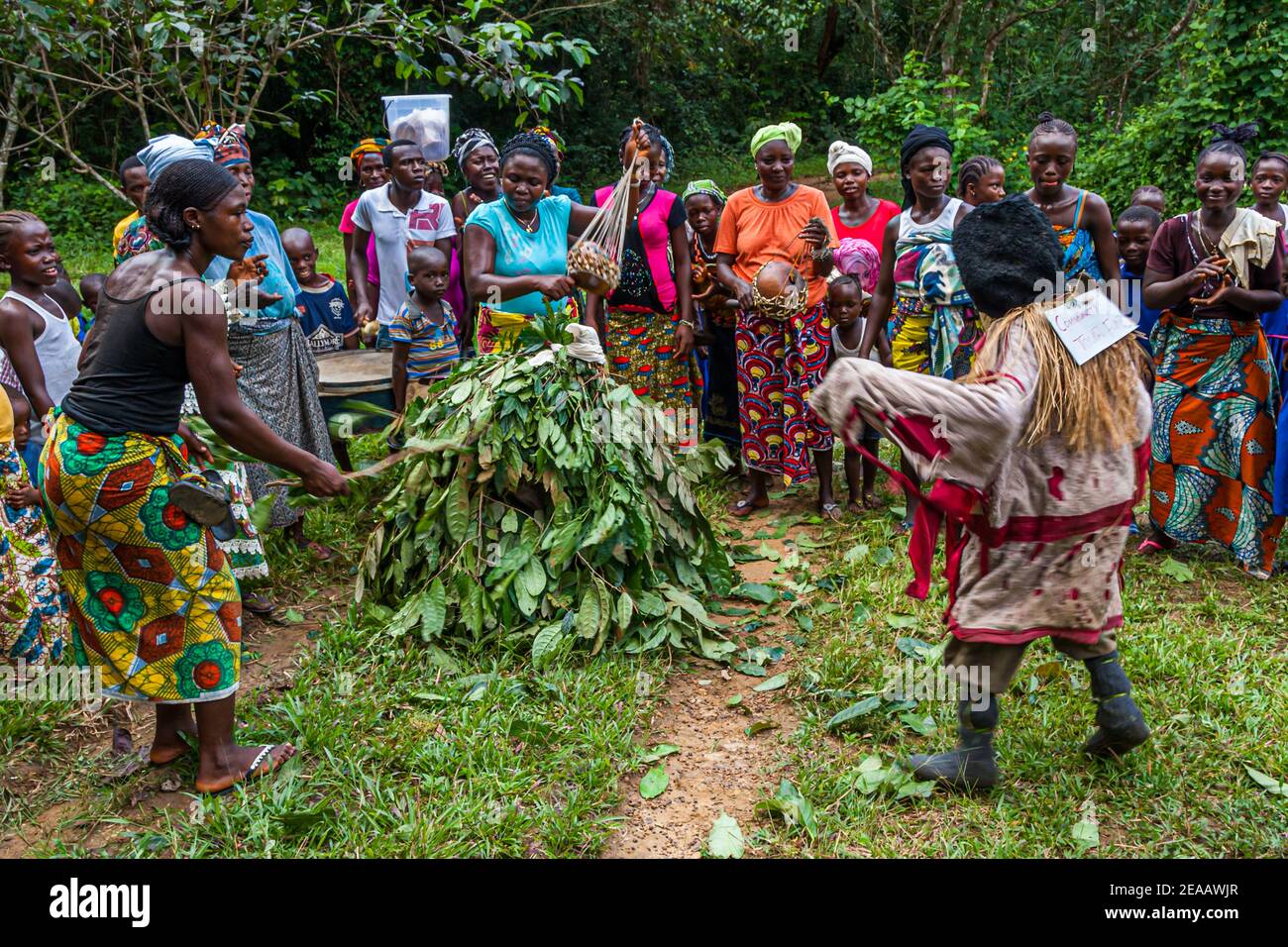 Mende People dancing in Western Area Rural, Sierra Leone. Forest devils have a costume of branches with fresh leaves Stock Photo