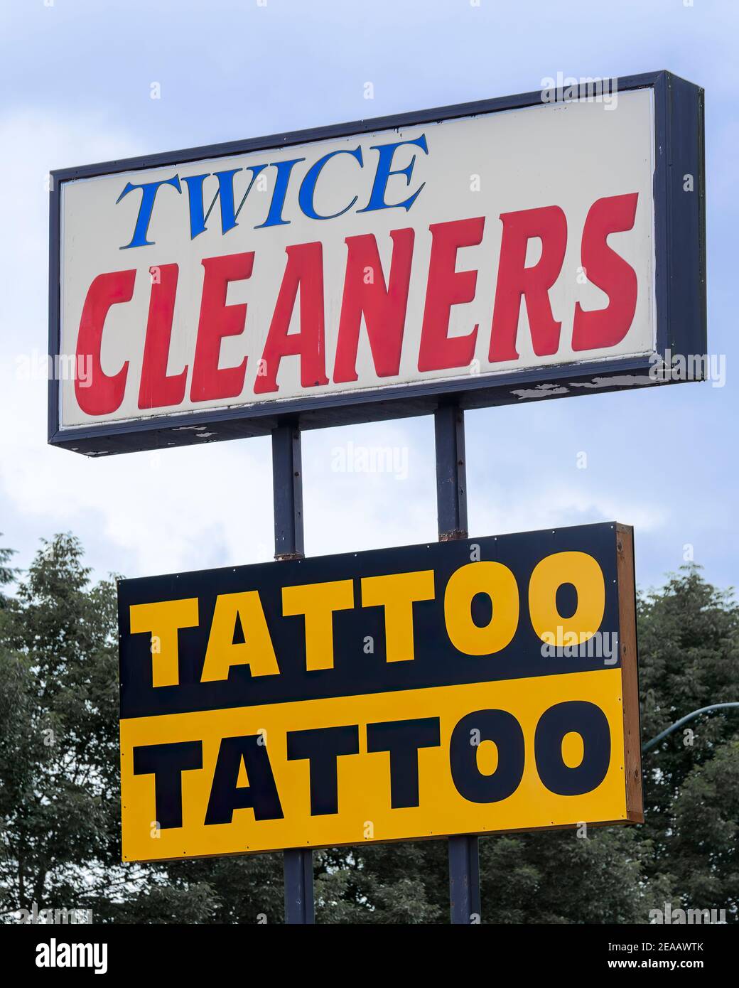 Store signs in Lacey, WA - twice is nice Stock Photo