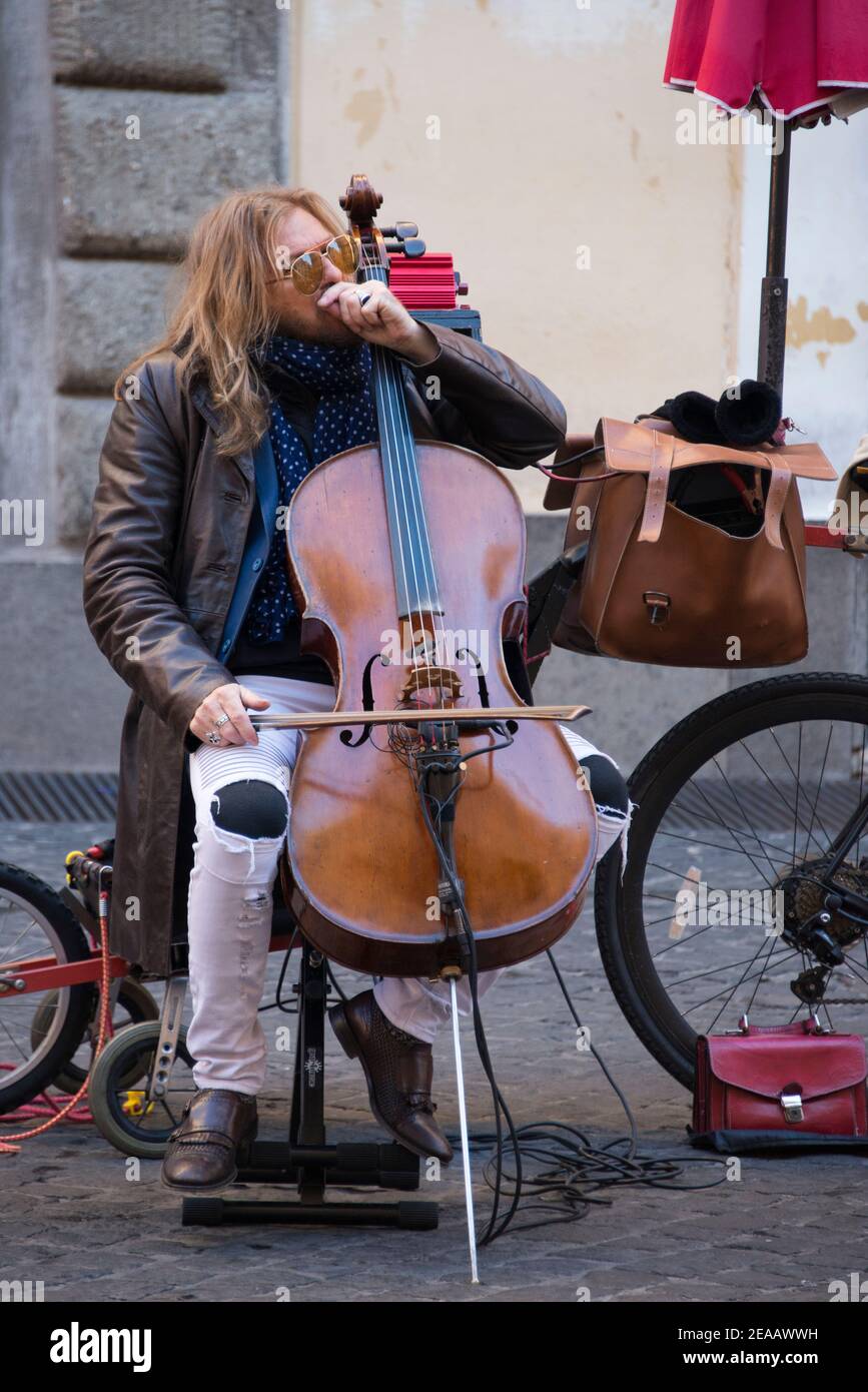 Street musician with double bass, Rome Stock Photo