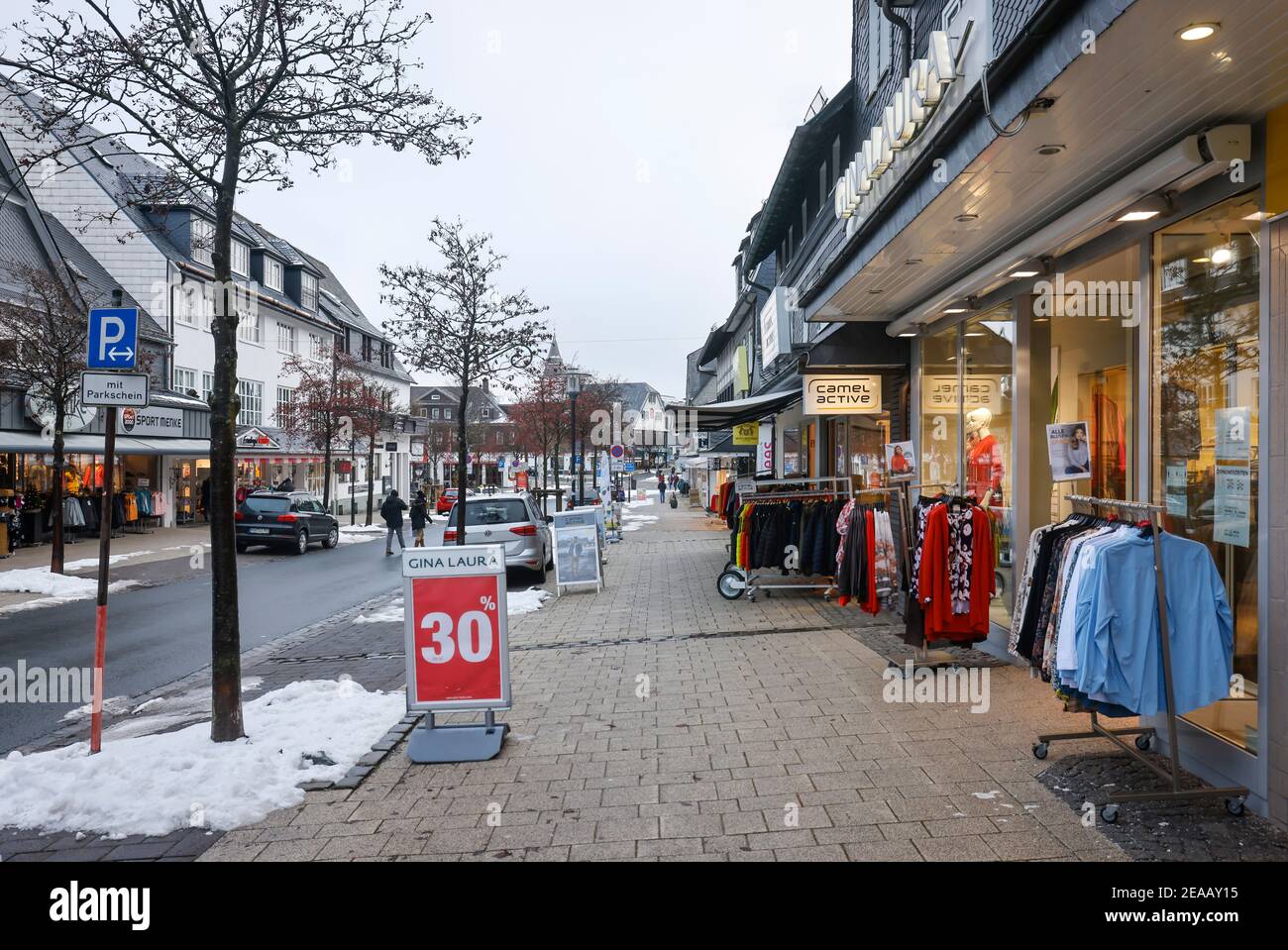 December 7th, 2020, Winterberg, Sauerland, North Rhine-Westphalia, Germany, Deserted shopping street, no winter sports in Winterberg in times of the corona crisis during the second part of the lockdown, ski lifts remain closed in accordance with the new Corona Protection Ordinance in NRW, the retail sector is suffering from the Corona Protection Ordinance. 00X201207D042CARO Stock Photo