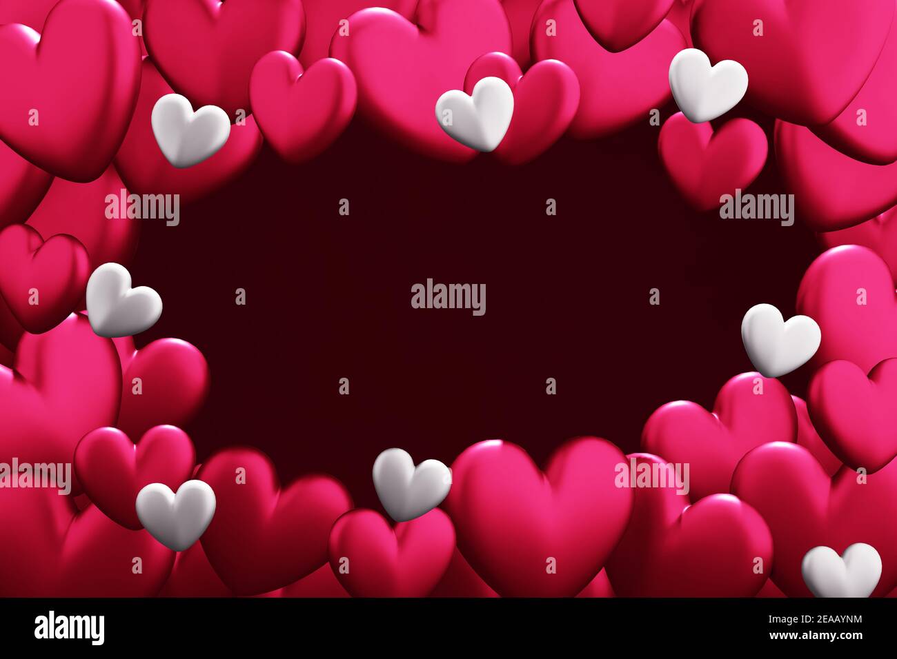 Frame of pink and white volumetric hearts on burgundy background. 3d ...