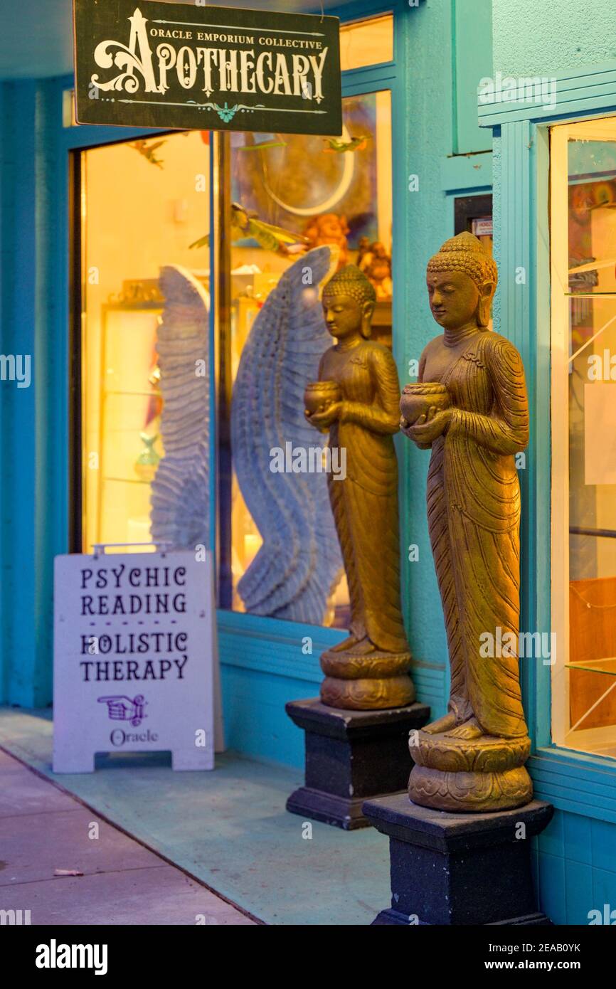 Golden Buddha statues, Oracle Emporium Collective Apothecary, West Vancouver, British Columbia, Canada Stock Photo