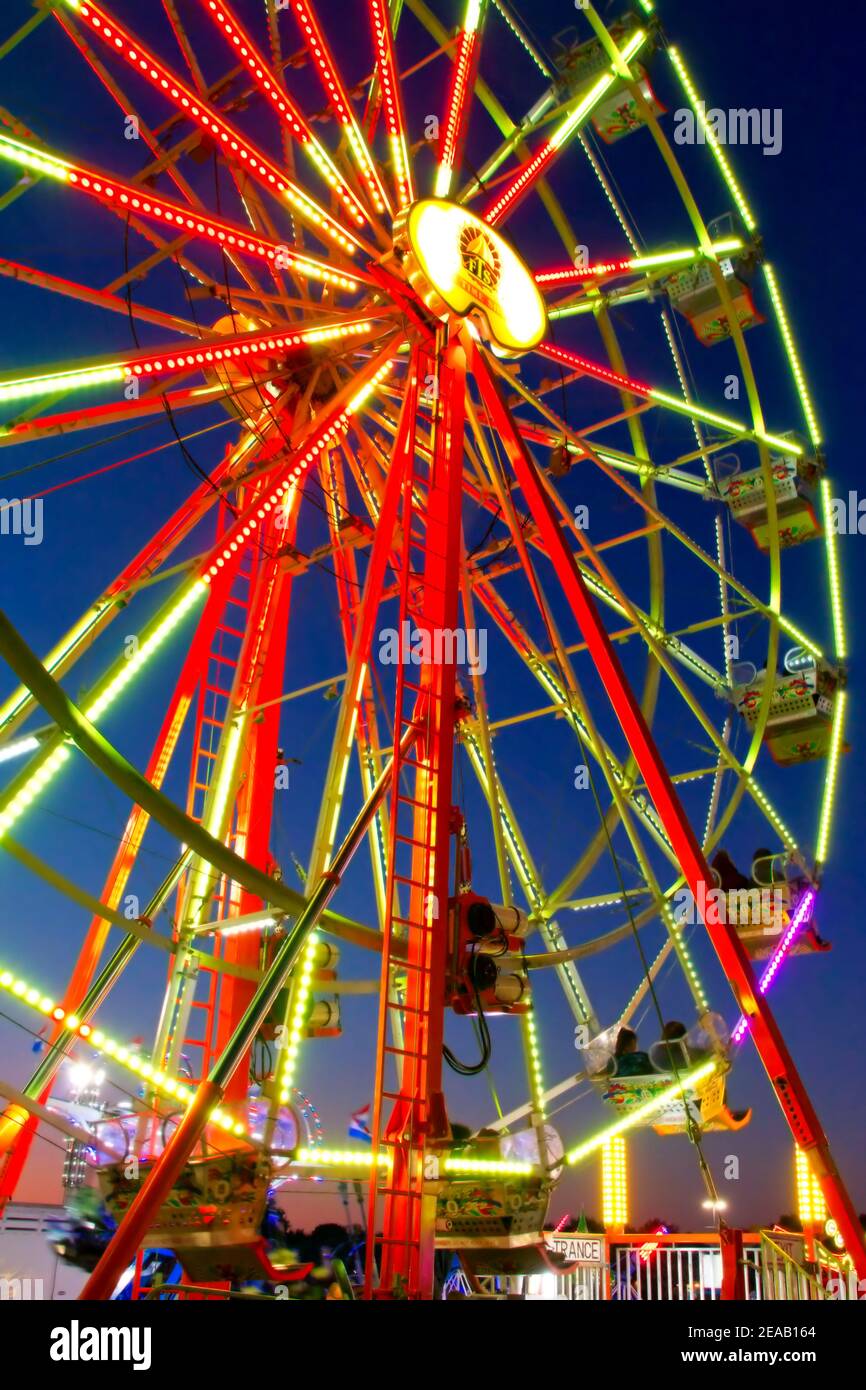 The annual Pelican Festival at Grand Lake in Grove Oklahoma went ahead even during the 2020 pandemic, as this close up view of the ferris wheel shows. Stock Photo