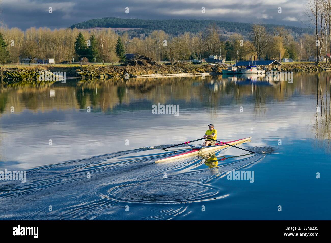 Single scull rower, Fraser River, Fort Langley, British Columbia ...