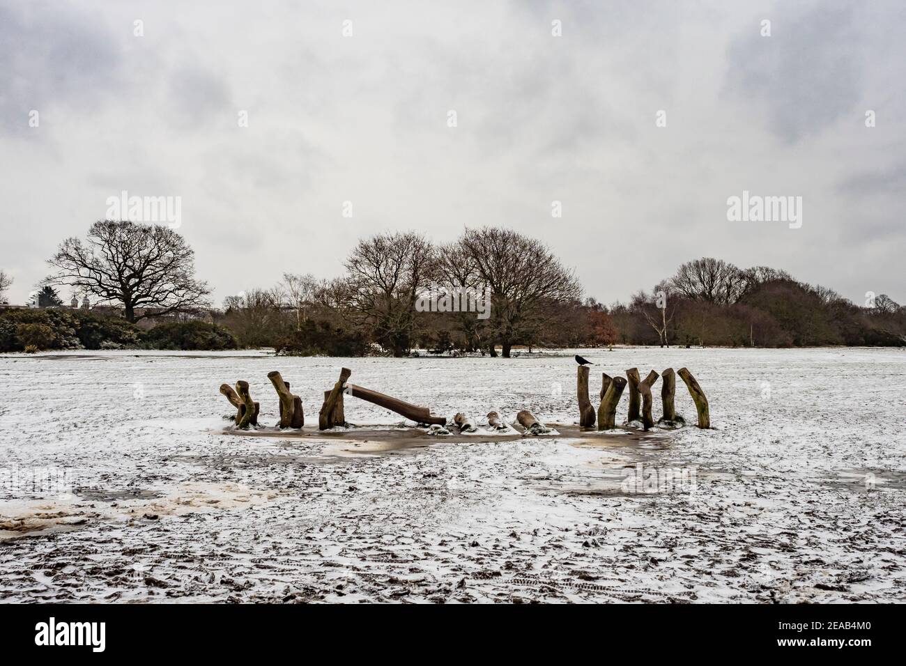 Snowy landscape in Hollow Pond, Leytonstone, London, UK. Stock Photo