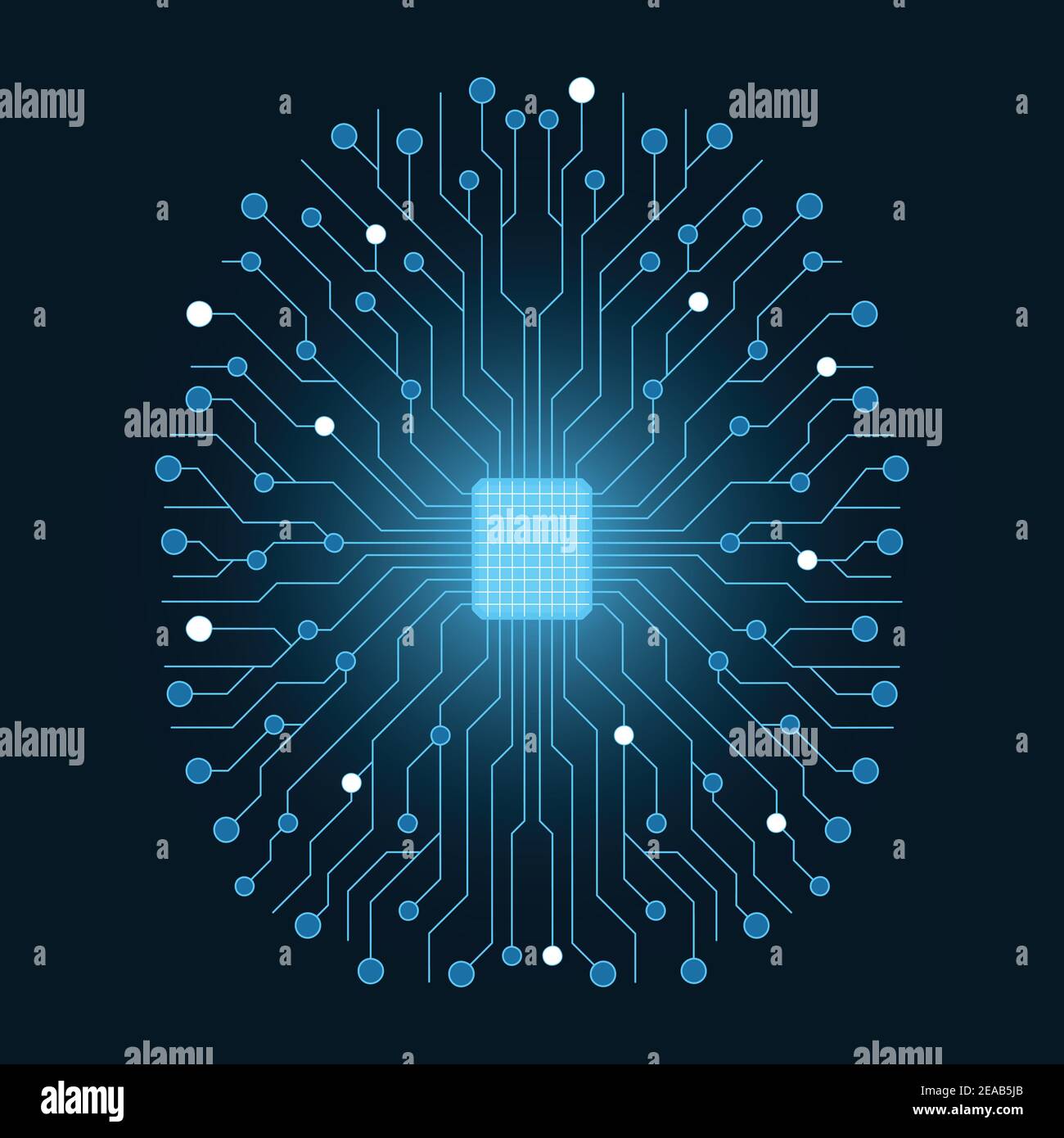 Vector illustration artificial intelligence. Microchip and brain shaped connections. Stock Vector