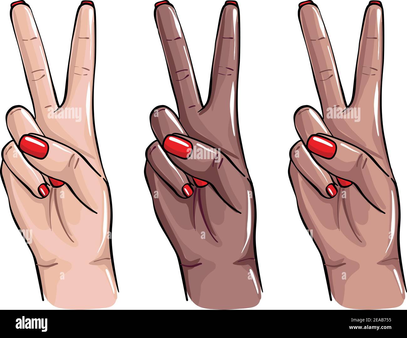Peace sign nails hands art. Two fingers sign. Black women , latina and  white women hand gesture, red nail polish sketch, beauty saon procedure .  Vec Stock Vector Image & Art - Alamy