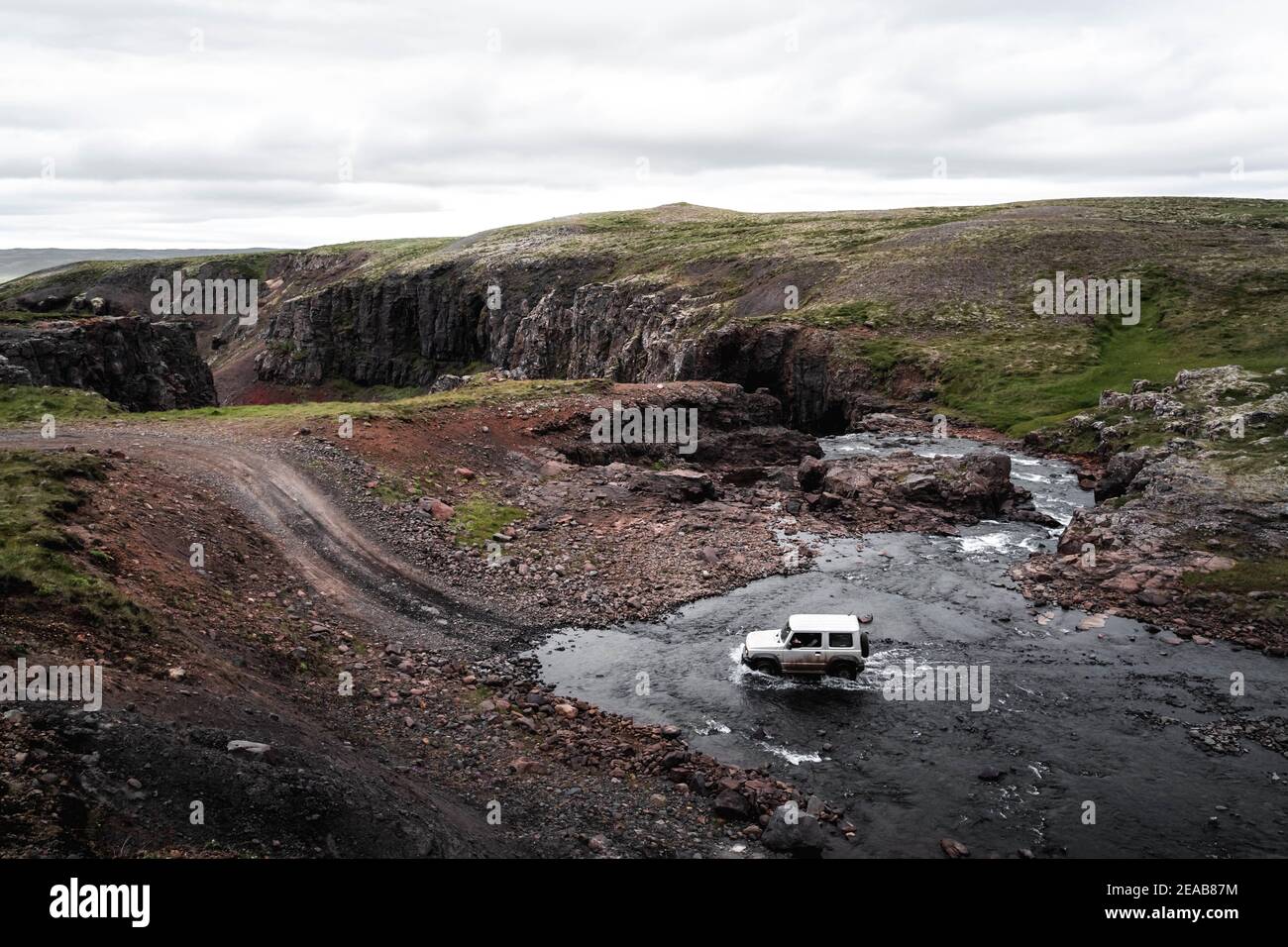 Iceland, Vesturland, Creek, River, Crossing, Valley, Stones, Suzuki, Jimny Stock Photo