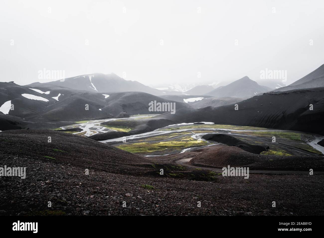 Iceland, Suðurland, Landmannalaugar, Moss, Hiking, Green, Black, Rain, Moody, Fog Stock Photo