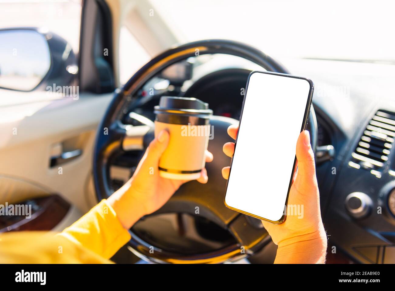 Asian woman drinking hot coffee takeaway cup inside a car and using smartphone blank screen while driving the car in the morning during going to work Stock Photo