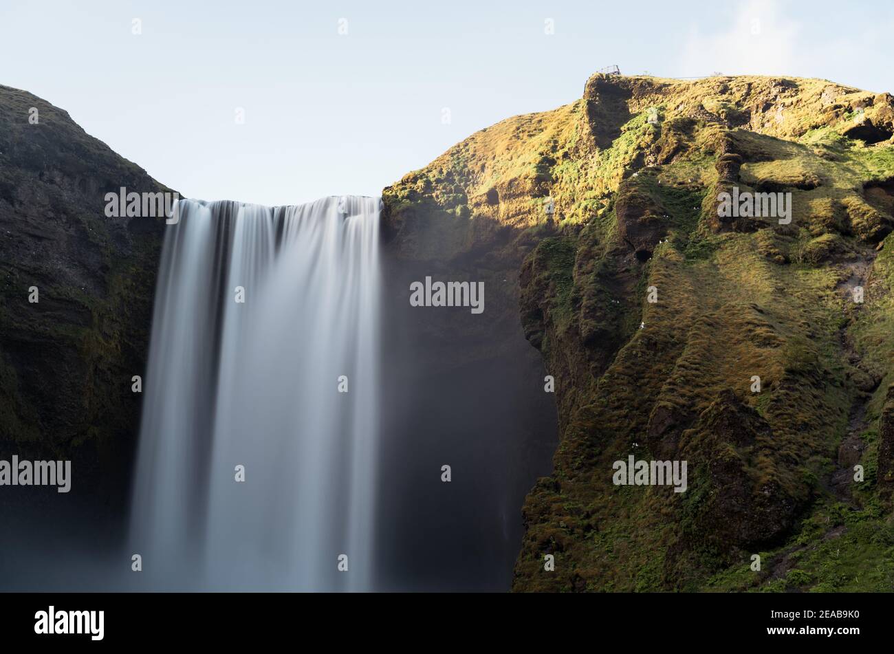 Iceland, Suðurland, Skógafoss, Sunset, Waterfall, Water, Moss, Green Stock Photo