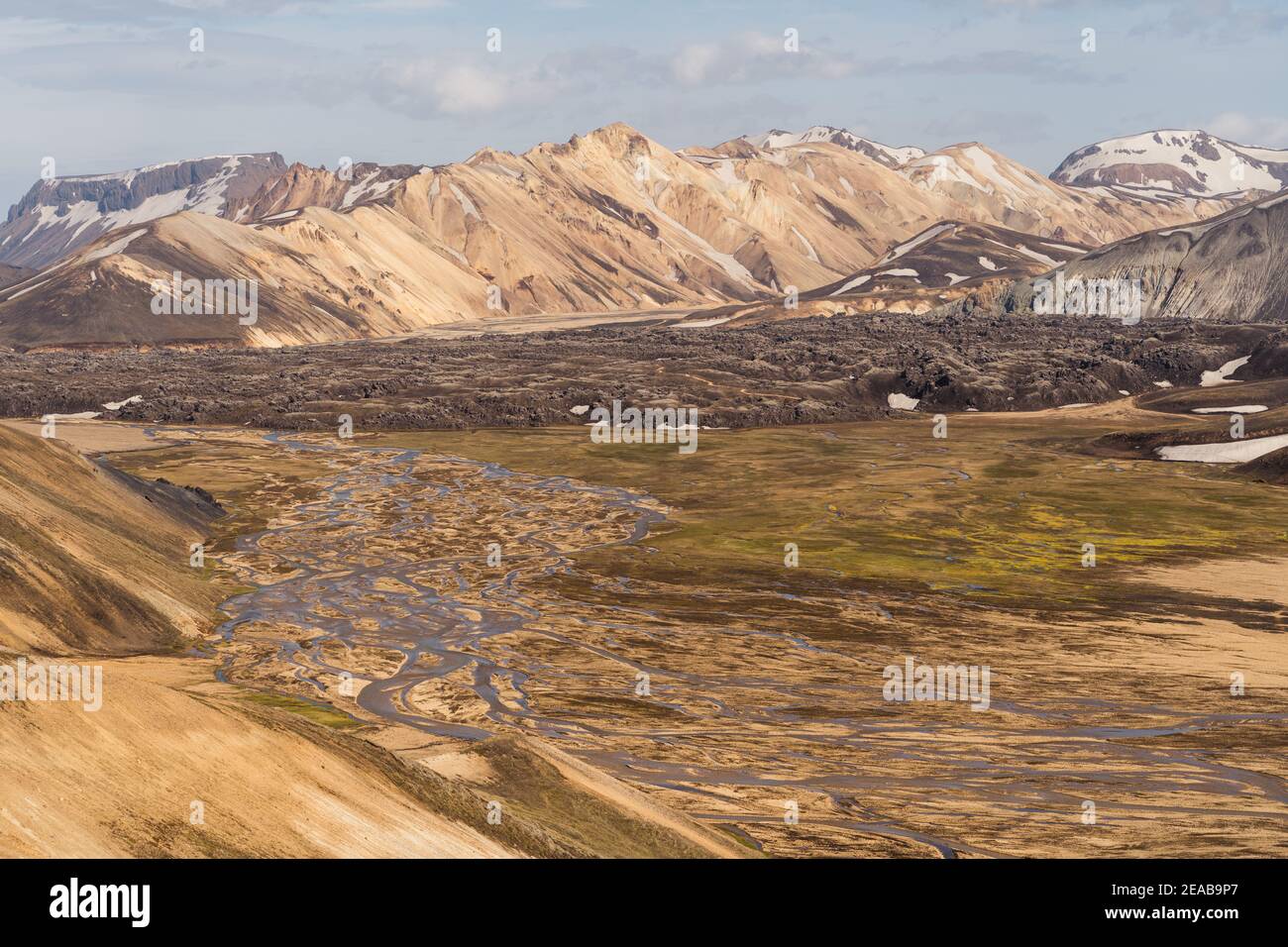 Iceland, Suðurland, Landmannalaugar, Mountain, Hiking, Snow, Colours, Ash, Vulcano, Hekla, Sand Stock Photo