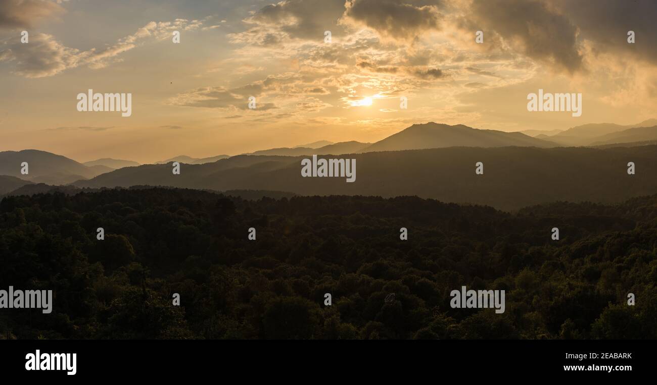 Corse, France, Zonza, Sunset, Wood, Layers, Clouds, Hike, Landscape, Panorama Stock Photo