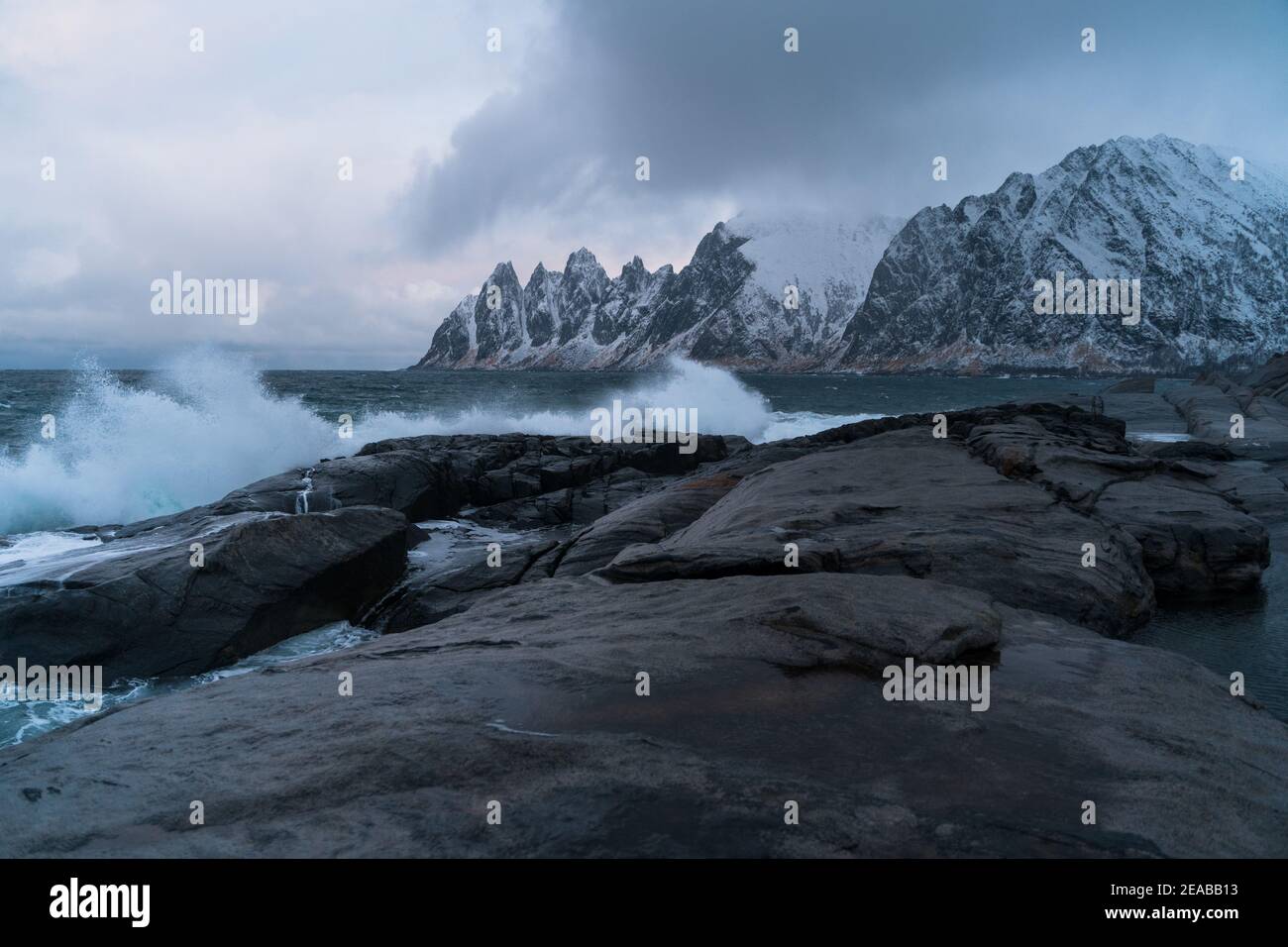 Norway, Nord-Norge, Senja, Sea, Waves, Rough, Mountains, Peaks Stock Photo