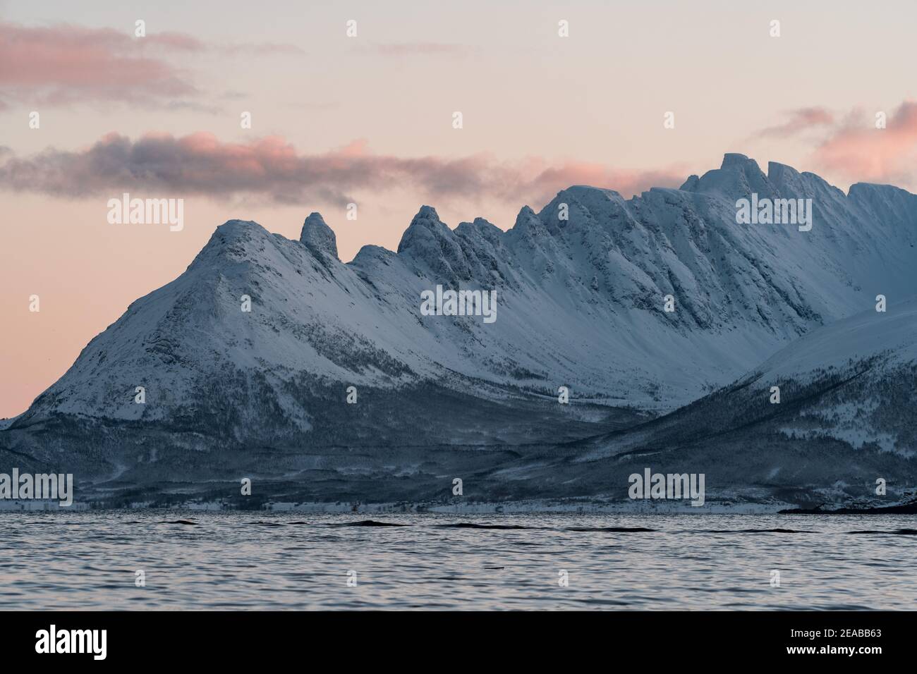 Norway, Nord-Norge, Skjervoy Winter, Sea, Sky, Sunset, Mountains, Fjord, Seaside Stock Photo