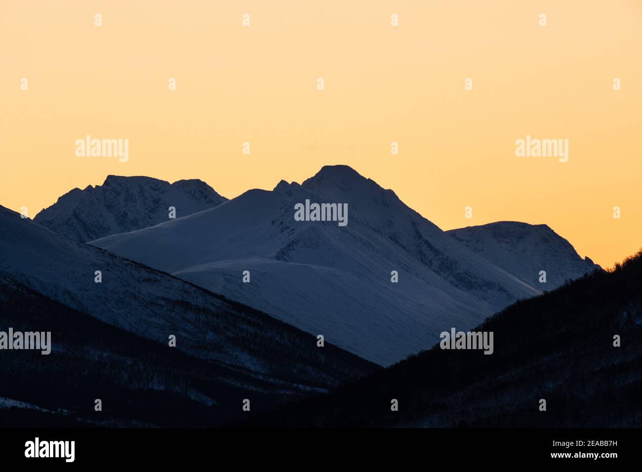 Norway, Nord-Norge, Winter, Mountain, Peaks, Sunset, Sky, Snow Stock Photo