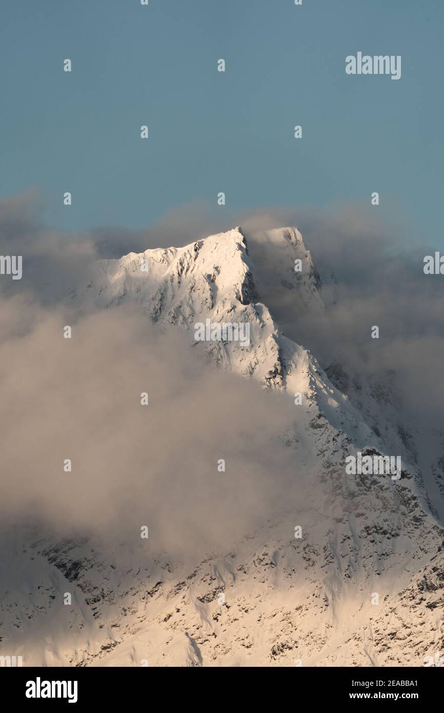 Norway, Nord-Norge, Winter, Mountain, Peaks, Sunset, Sky, Snow, Clouds Stock Photo