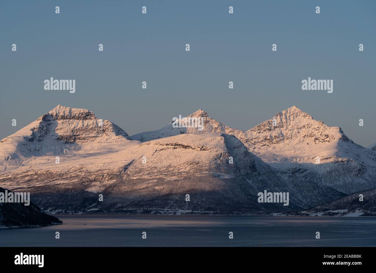 Norway, Nord-Norge, Winter, Mountain, Peaks, Sunset, Sky, Snow, Fjord, Sea Stock Photo