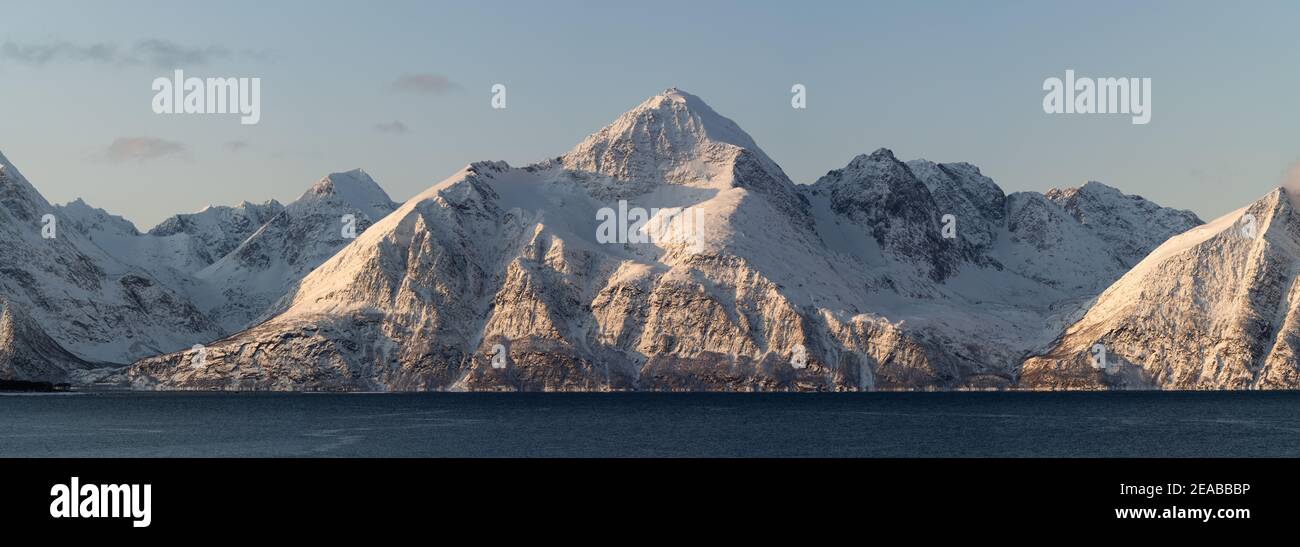 Norway, Nord-Norge, Winter, Mountain, Peaks, Sunset, Sky, Snow, Fjord, Sea, Panorama, Fjord Stock Photo