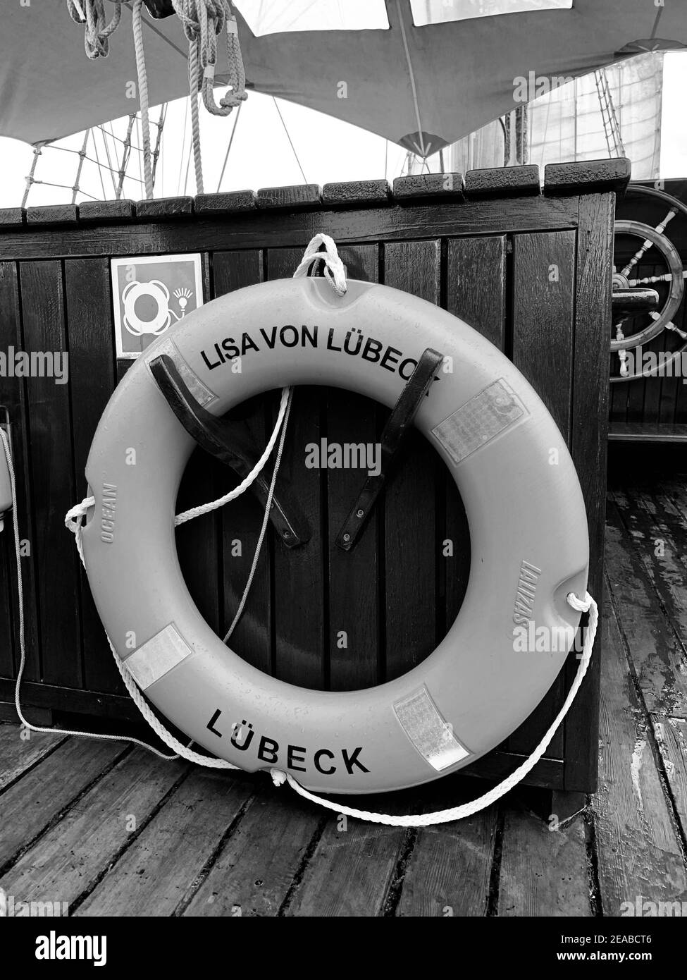 A lifebuoy of the historic merchant ship Lisa von Lübeck Stock Photo