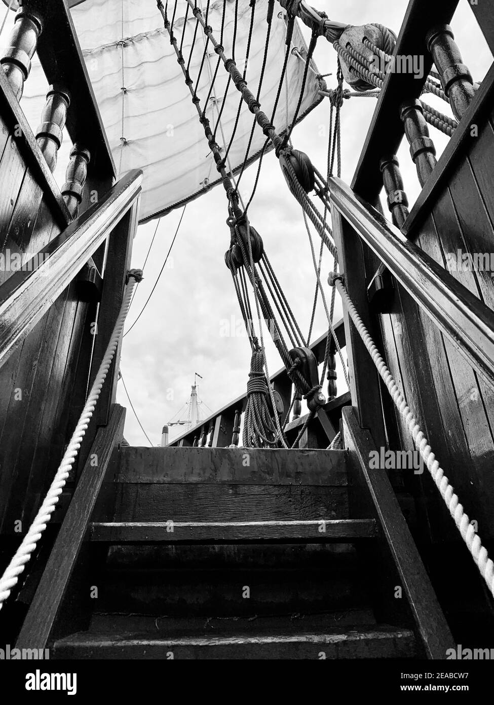 Stairs to the upper deck and rigging on the historic merchant ship Lisa von Lübeck Stock Photo