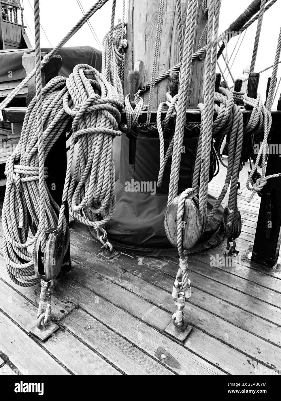 Deck blocks tensioned with ropes on the historic merchant ship Lisa von Lübeck Stock Photo