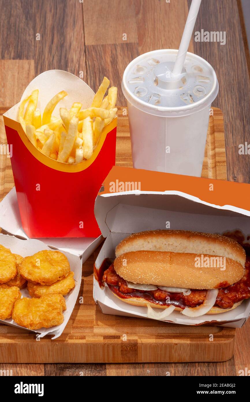 Classic Fast Food, With Nugets, Burgers, Fries And Shakes With Packaging Stock Photo