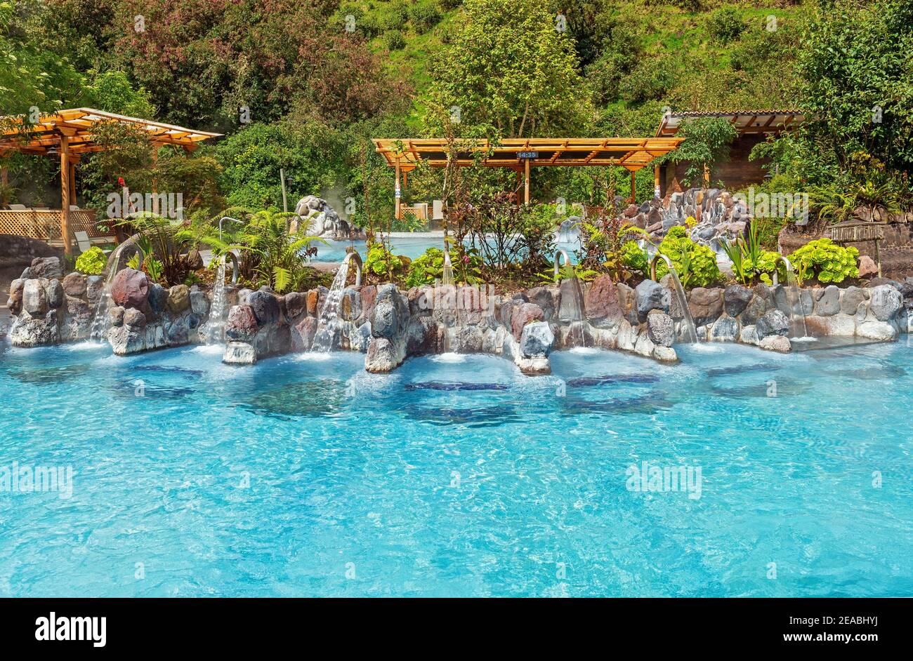 Hot spring spa pools with hydro neck and spine massage near Quito, Ecuador. Stock Photo