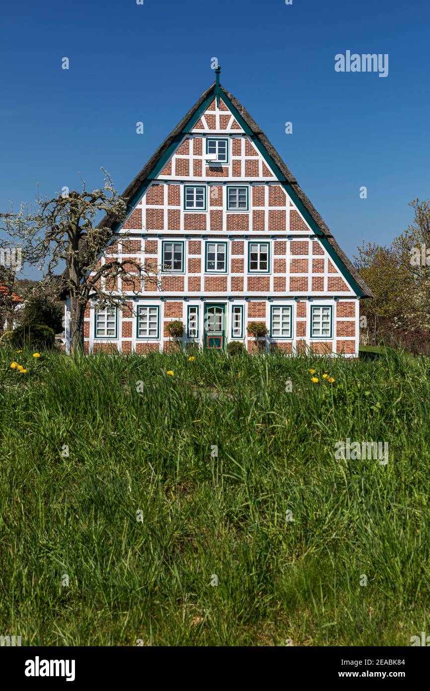 Half-timbered house in Jork, Altes Land, Stade district, Lower Saxony, Stock Photo