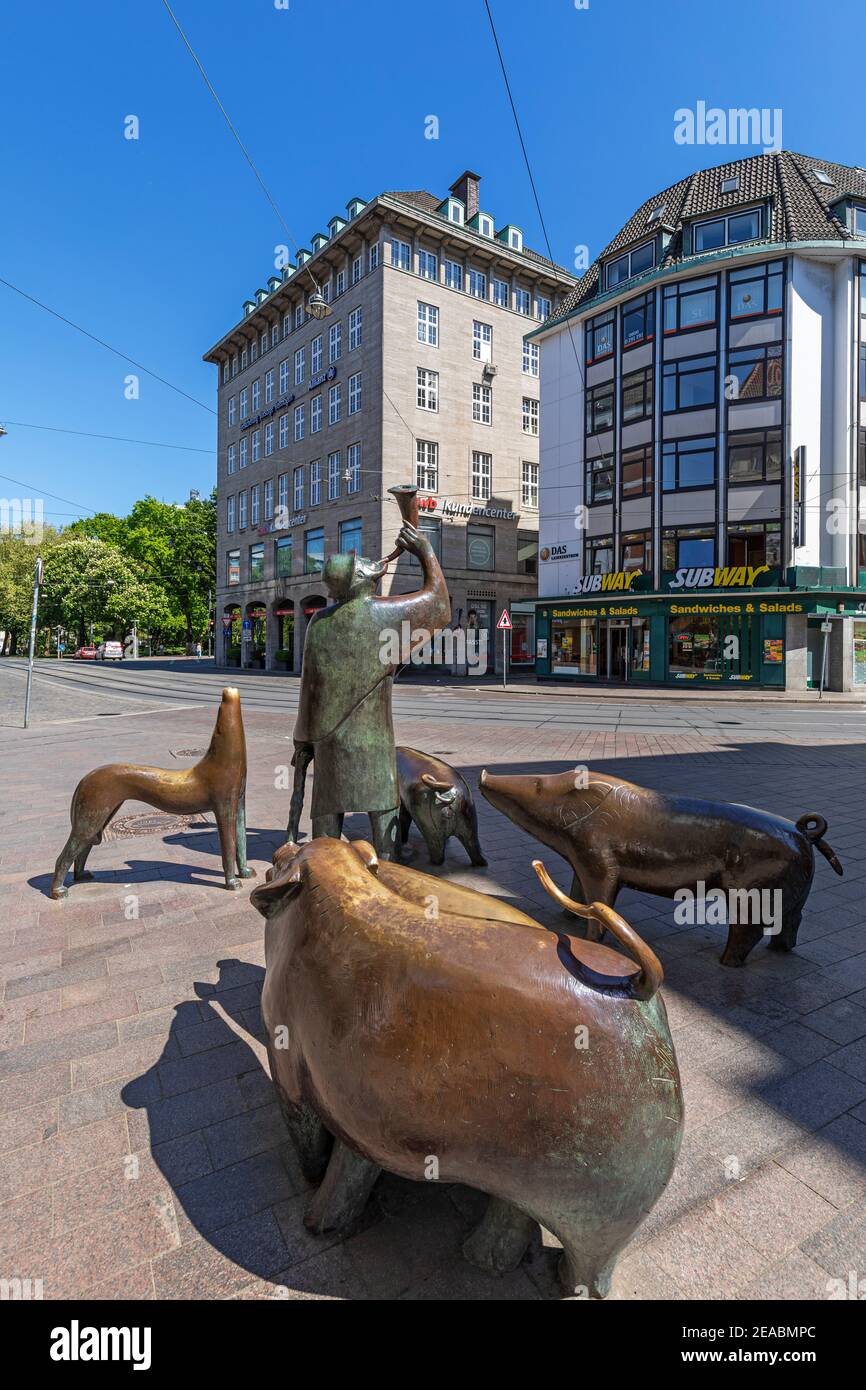 Pedestrian zone Sögestraße, swineherd and his herd, bronze sculpture, Bremen, Stock Photo