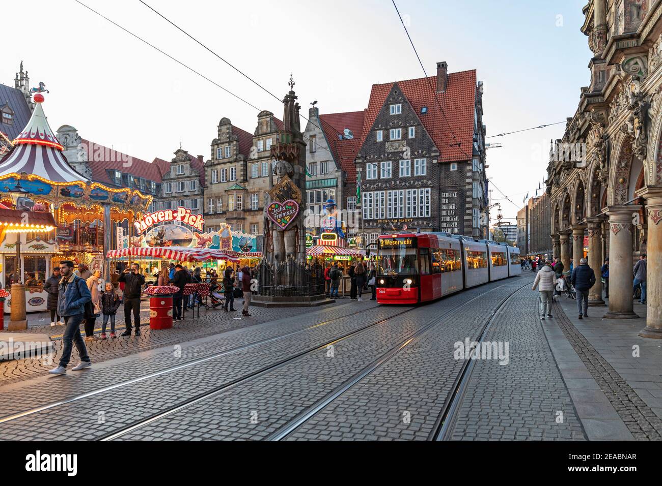 Tram, small free market on the market square in Bremen's old town, Bremen, Stock Photo