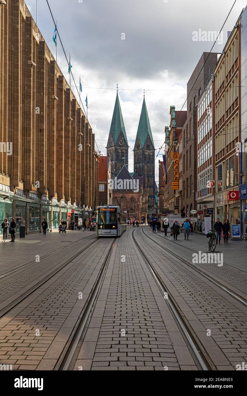 Shopping street, Obernstrasse with cathedral view, tram, tram stop, shops, Bremen, Stock Photo