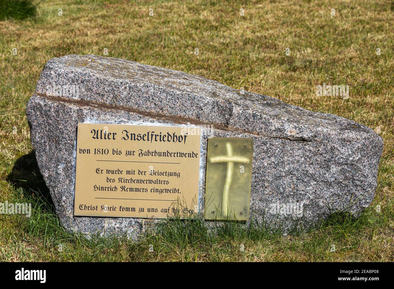 Memorial stone with the inscription Alter Inselfriedhof from 1810 to the turn of the century, next to the Old Island Church, Westdorf, East Frisian island Baltrum, Lower Saxony, Stock Photo