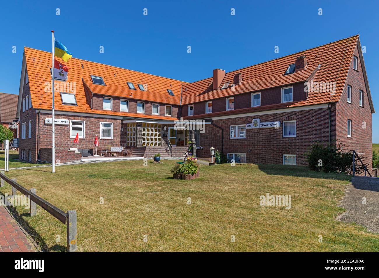 Town view, holiday apartment 'Haus Antje', Westdorf, East Frisian island Baltrum, Lower Saxony, Stock Photo