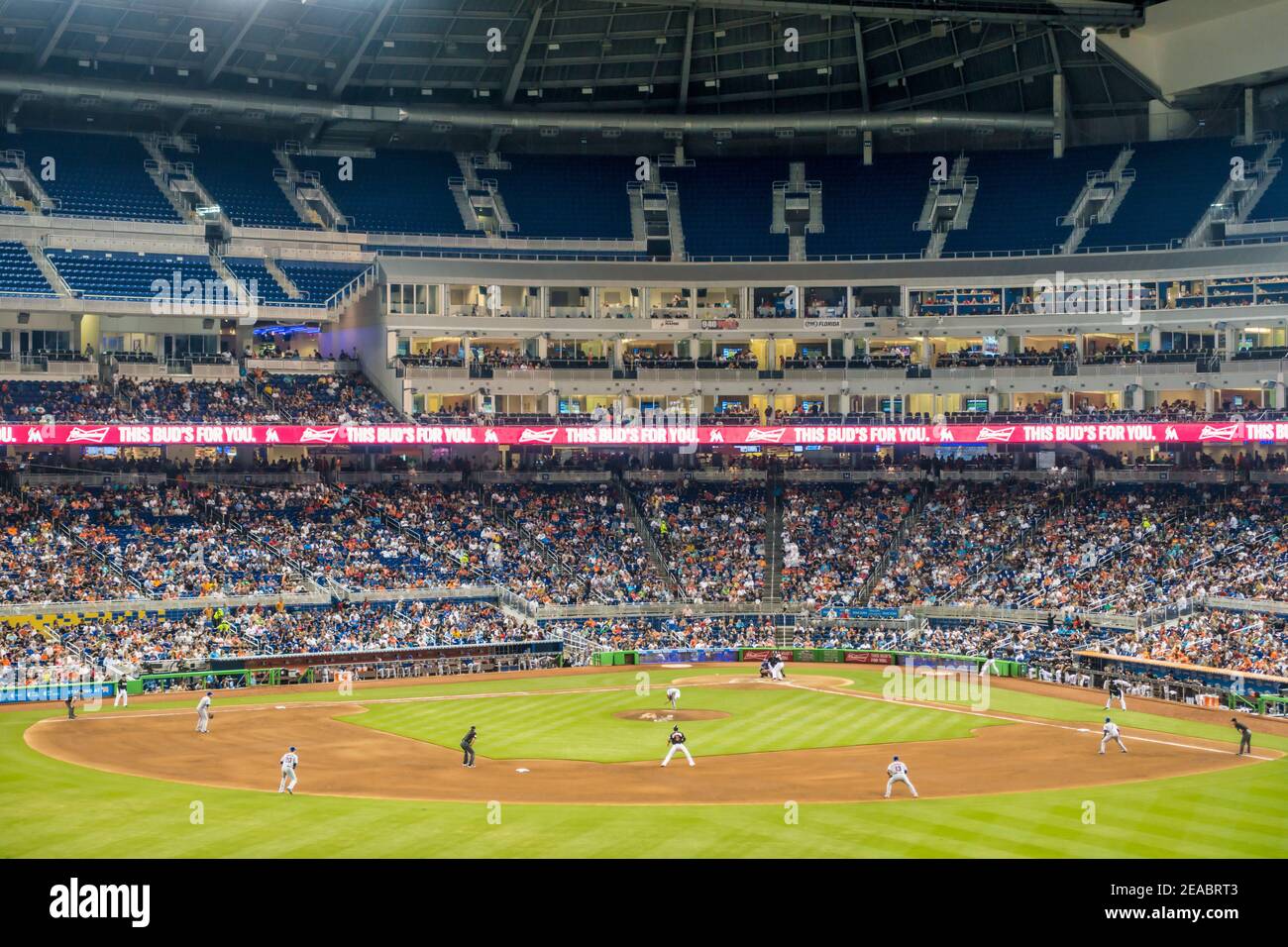 The Marlins play the Mets at Miami's Marlin Park. Stock Photo