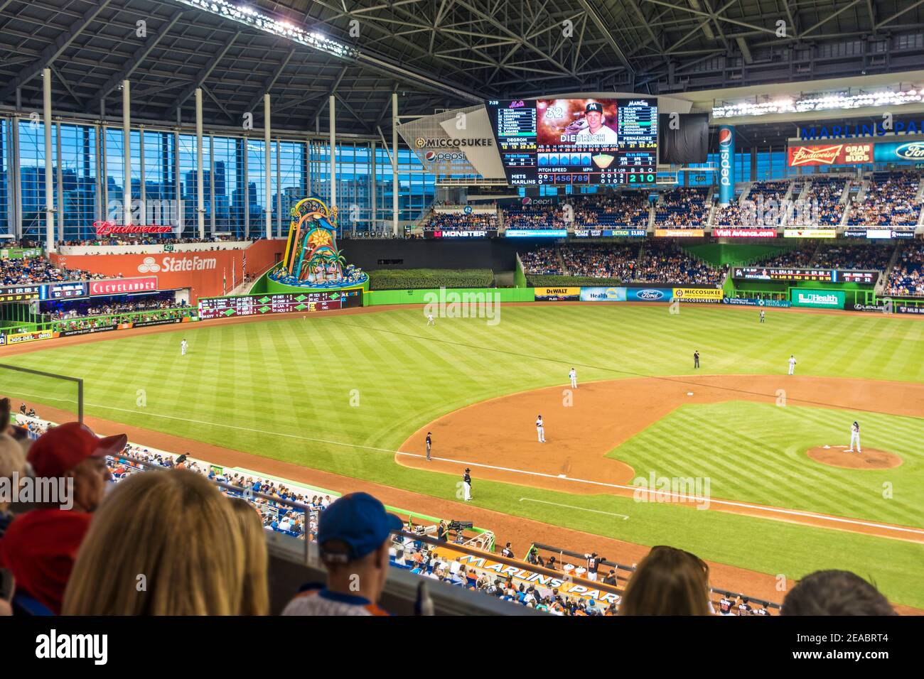 The Marlins play the Mets at Miami's Marlin Park. Stock Photo