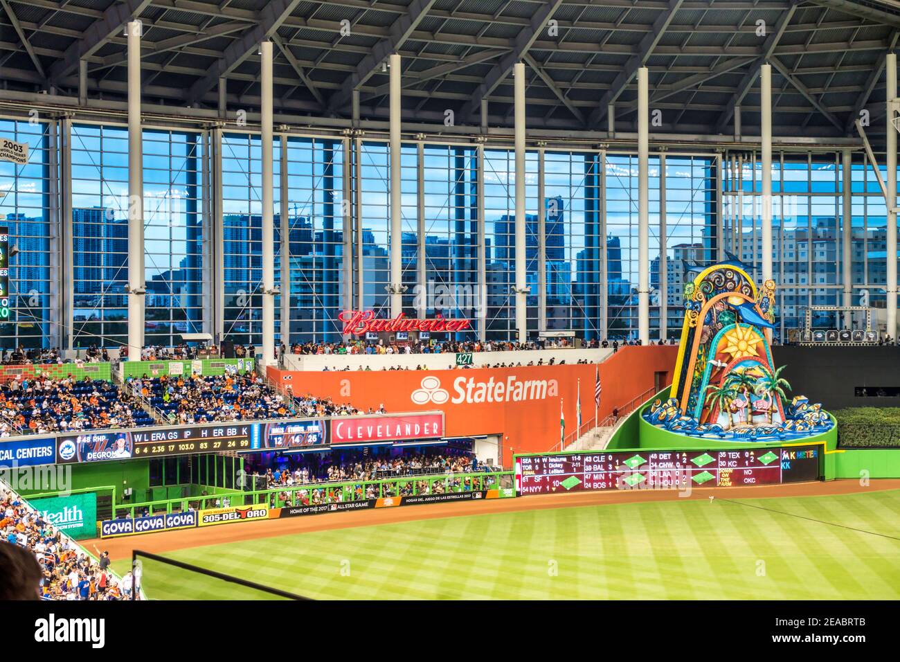 The Miami skyline shows behind the outfield at Miami’s Marlin Park. Stock Photo