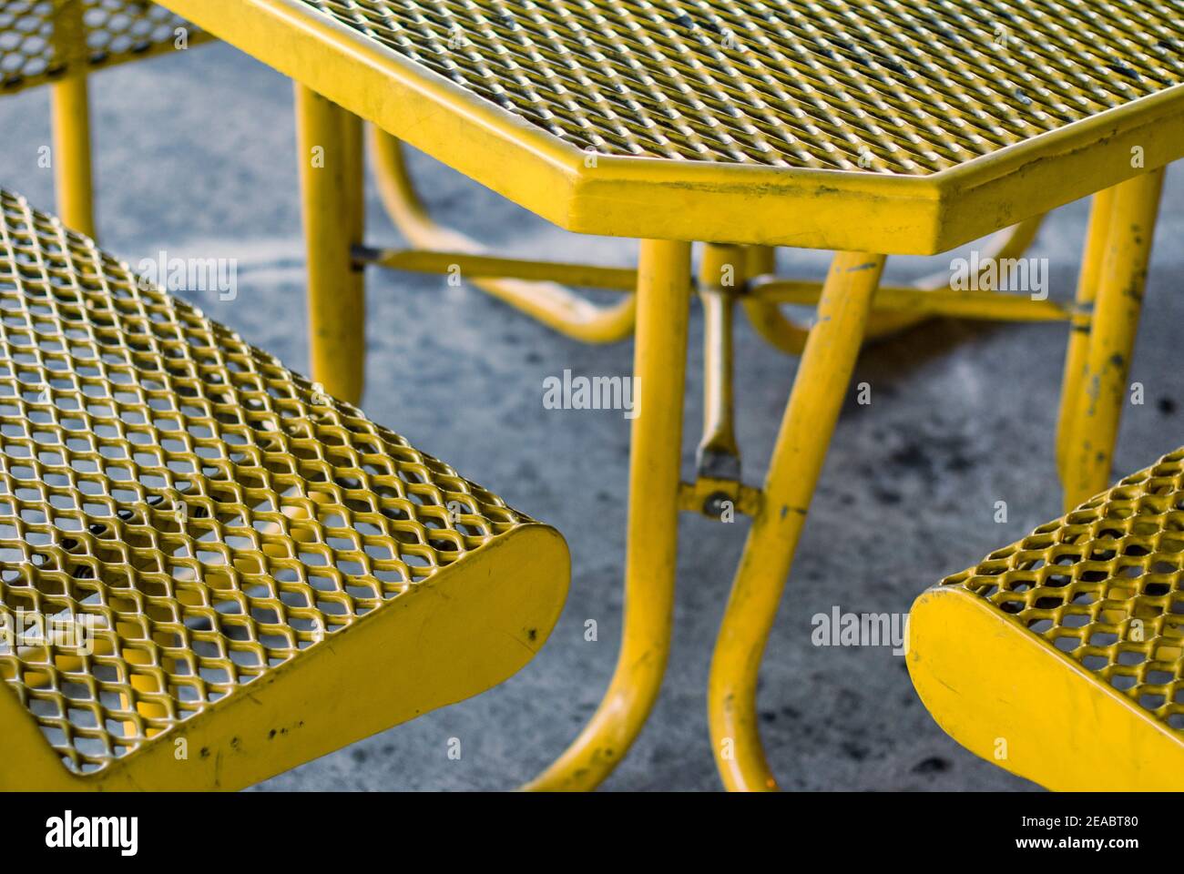 Detail of an outdoor dining table at the School Board of Miami-Dade Administration Building in downtown Miami, Florida. Stock Photo