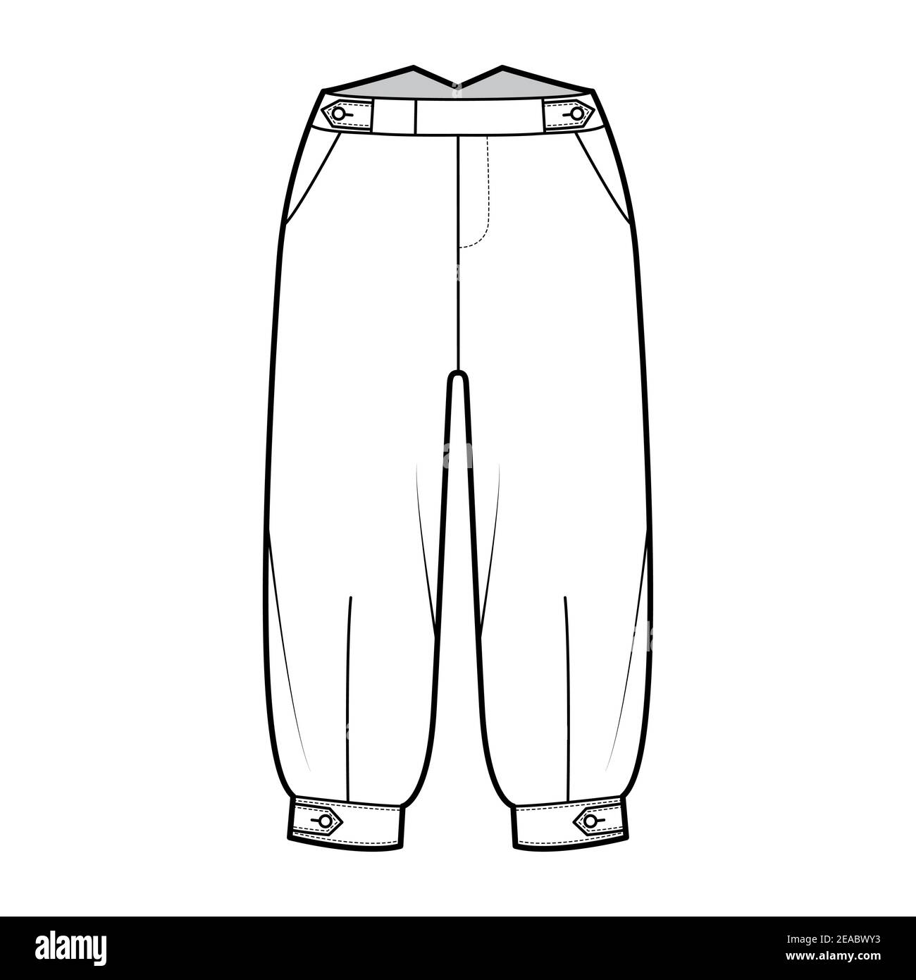 Short plus fours pants technical fashion illustration with tab, knee length, normal waist, rise, slashed pocket. Flat breeches bottom template front, white color style. Women, men CAD mockup Stock Vector