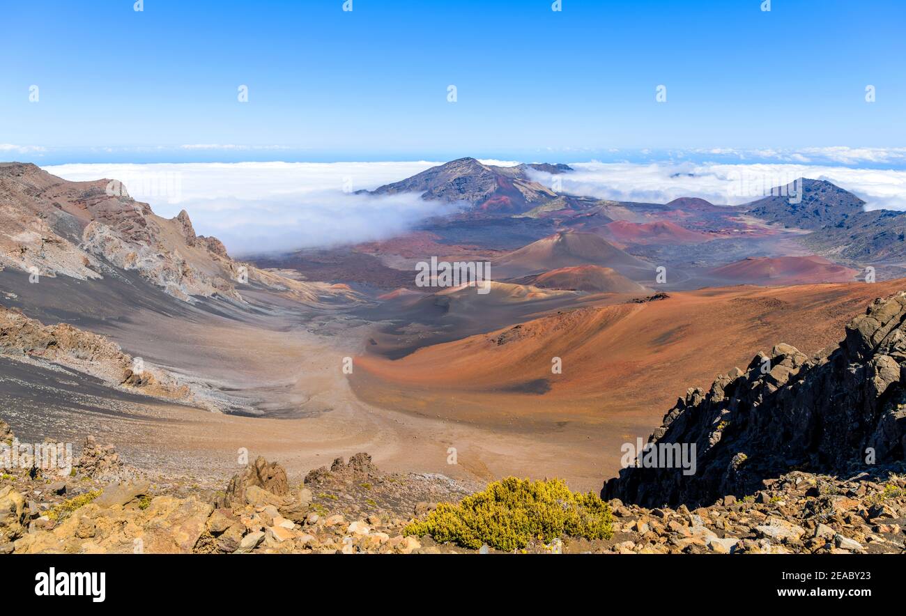 Haleakala Summit - Panorama of volcanic crater at summit of Haleakala, under bright sun and blue sky, and surrounded by sea of clouds. Maui, Hawaii. Stock Photo