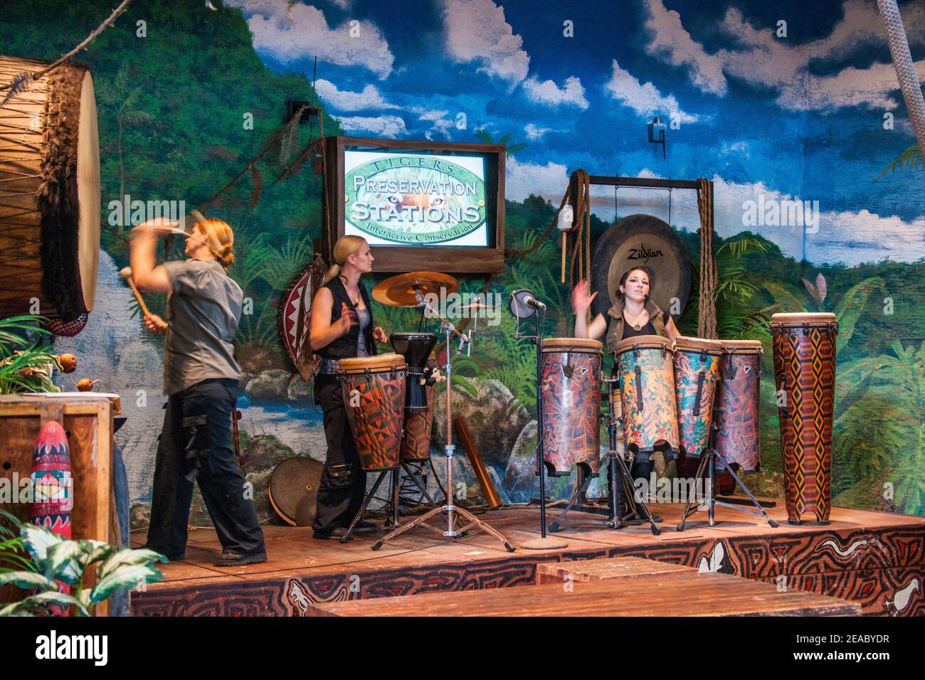 An African Drum Performance in the Parrot Theater at Jungle Island in Miami, Florida. Stock Photo
