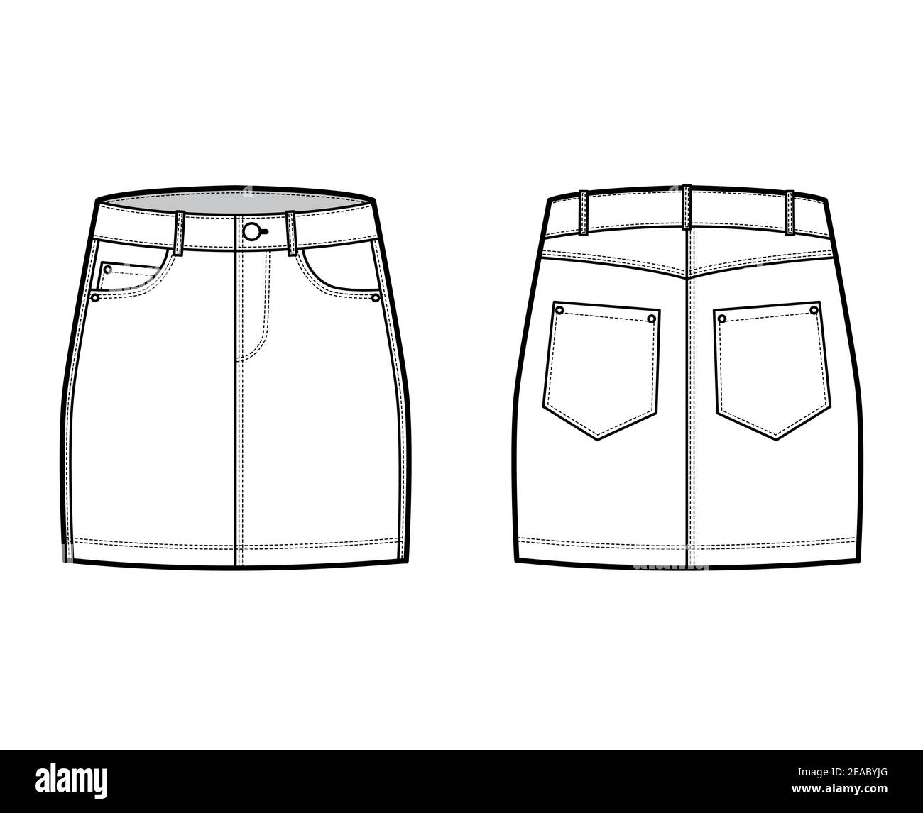 Denim skirt technical fashion illustration with mini length, low waist ...