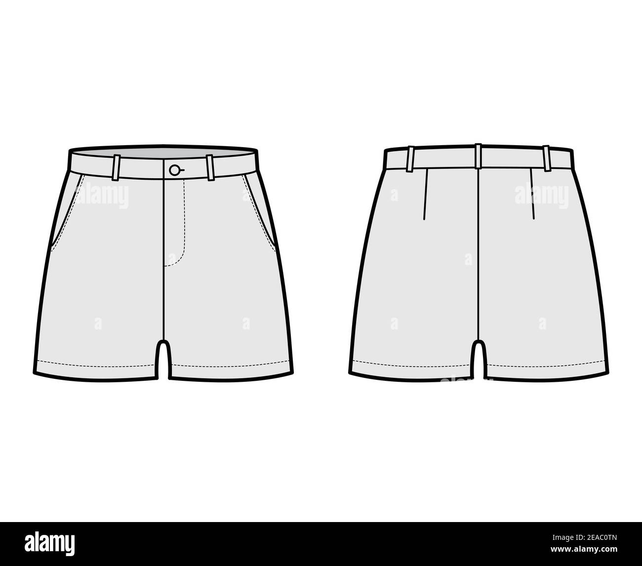 Short pants technical fashion illustration with mid-thigh length, low  waist, rise, slashed pocket. Flat bottom apparel template front, back, grey  color style. Women, men, unisex CAD mockup Stock Vector Image & Art -